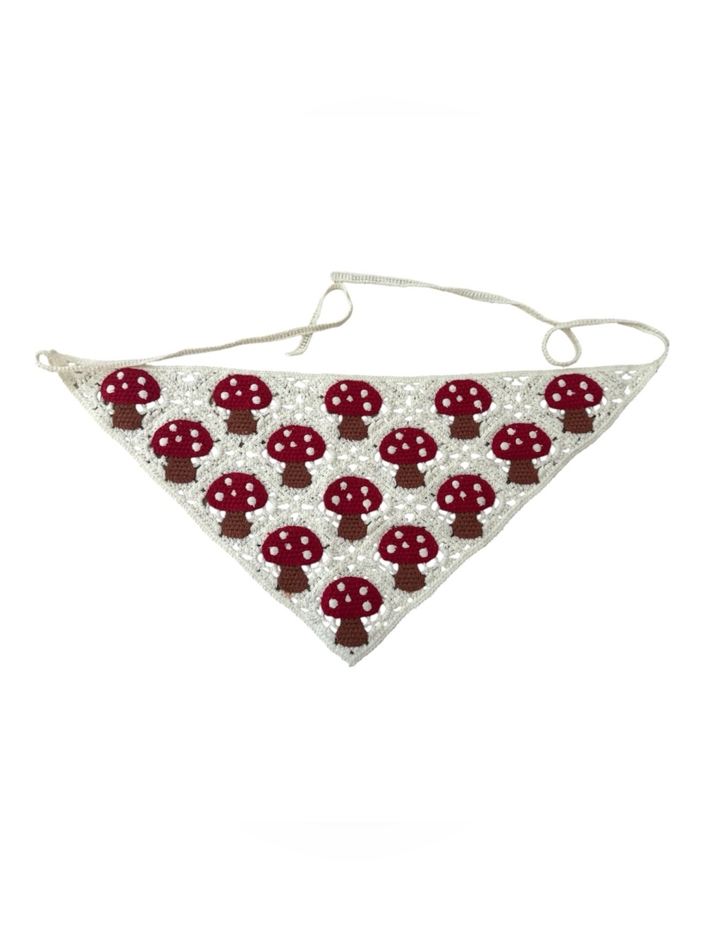 Handmade Cream Crochet Bandana with Red Mushroom Appliqués - Picture 1 of 3
